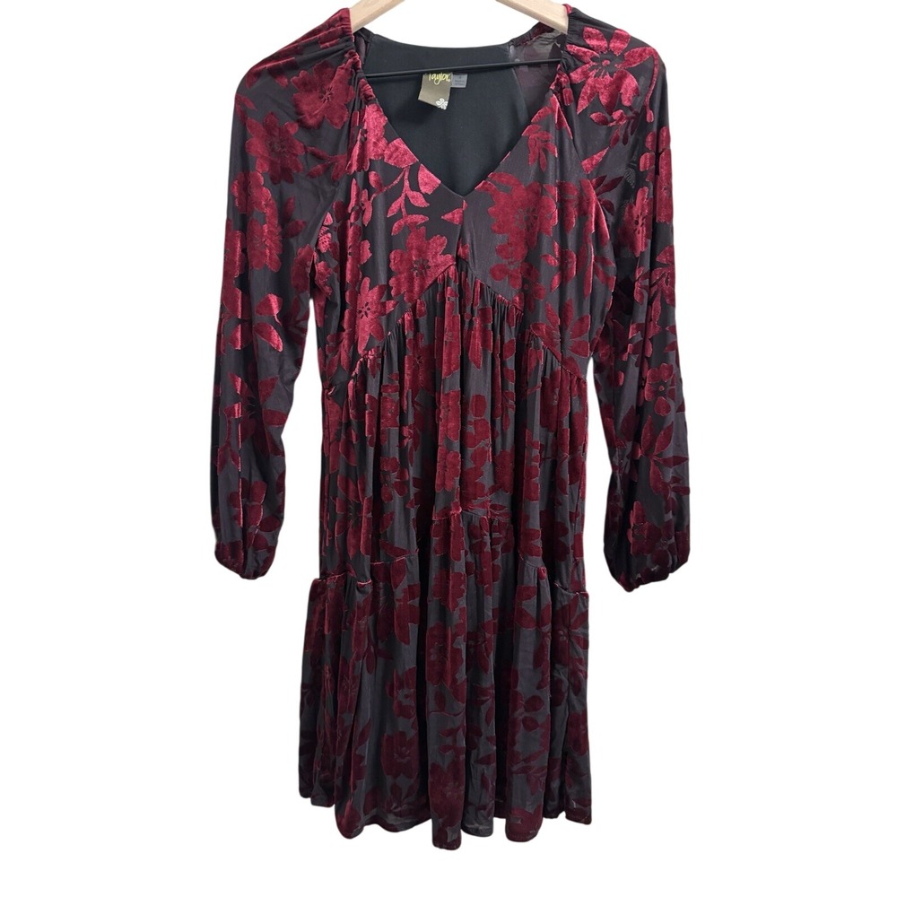 Taylor Burnout Velvet Dress Sz 4 Burgundy Floral‎ V-Neck Long Sleeve Tiered Mini